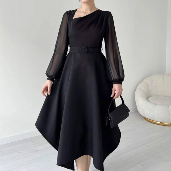 Black Sheer Sleeves Asymmetrical Cut Collar Stoned Midi Dress - S, M - Picture 1 of 5